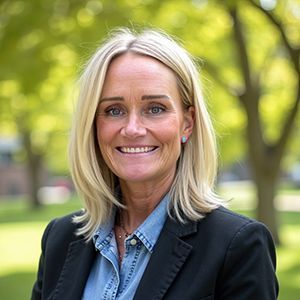 Smiling blonde woman in a black blazer and denim shirt outdoors in a park-like setting