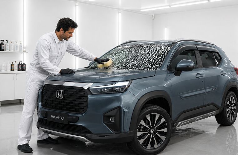 Um homem, em uma oficina, faz o processo de cristalização de vidro em um Honda WR-V