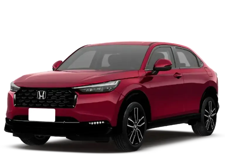 SUV Honda HR-V vermelha sobre fundo branco, ligeiramente angulada. Detalhes em preto nas rodas e na grade.