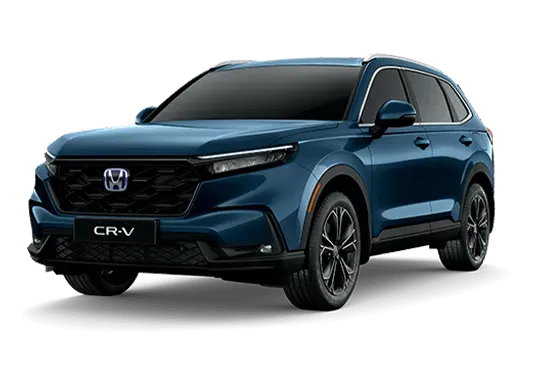 SUV Honda CR-V azul com rodas pretas, estacionado em ângulo, contra um fundo branco.