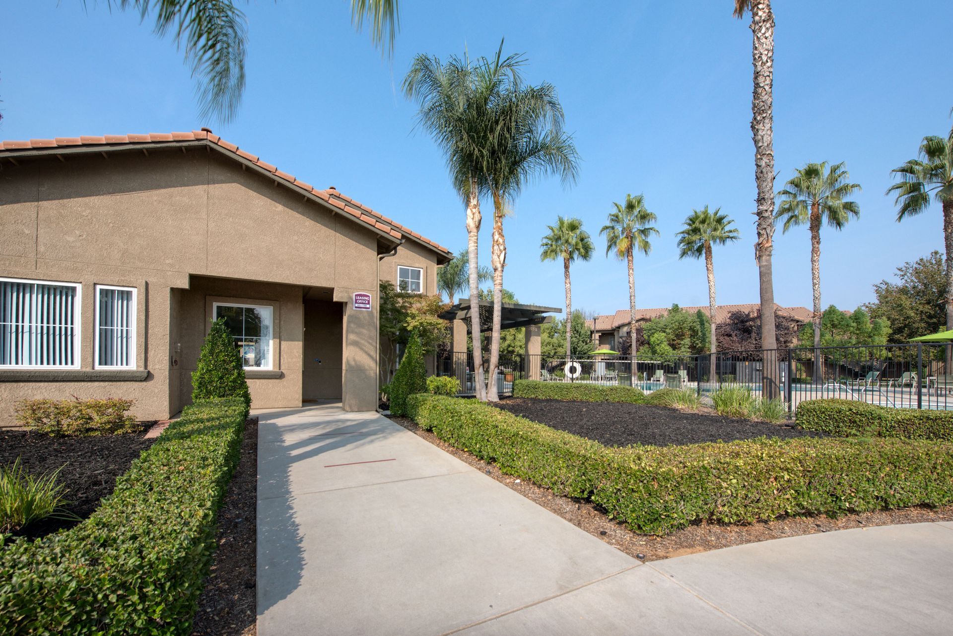 a office with a lot of palm trees in front of it