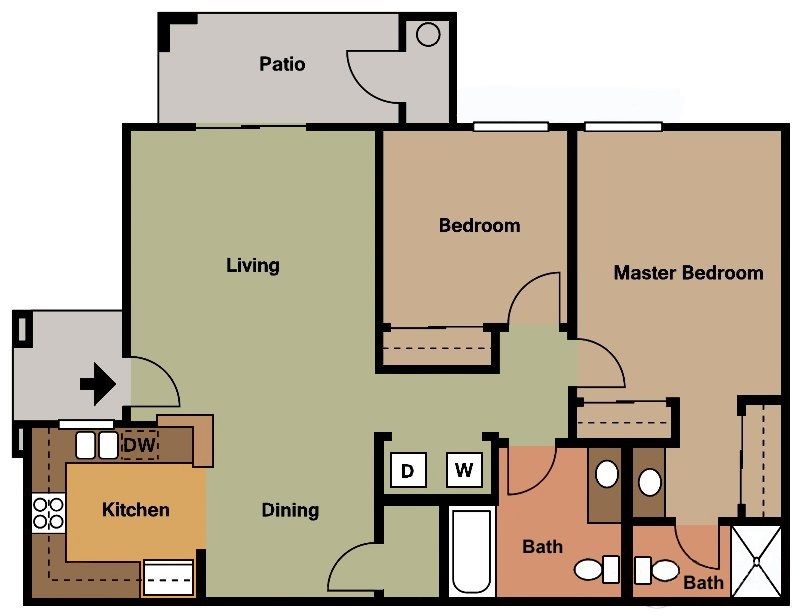 a floor plan of a two bedroom apartment with a patio