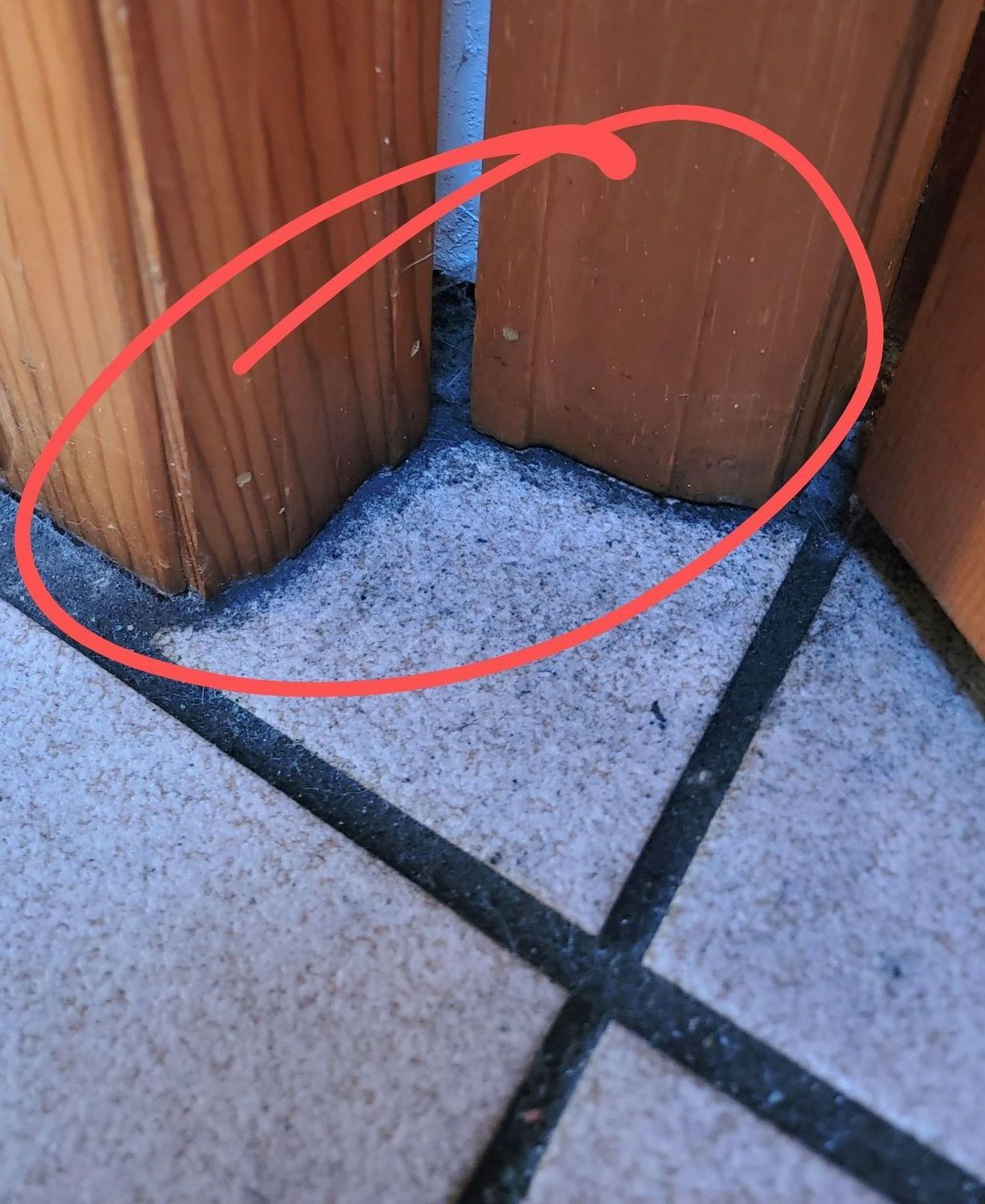 A close up of a wooden door with a red circle around it.