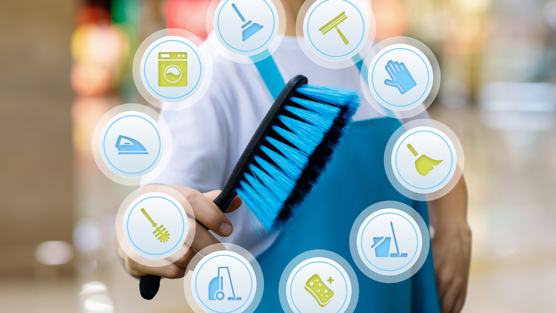 A person is holding a blue broom in their hand surrounded by cleaning icons.