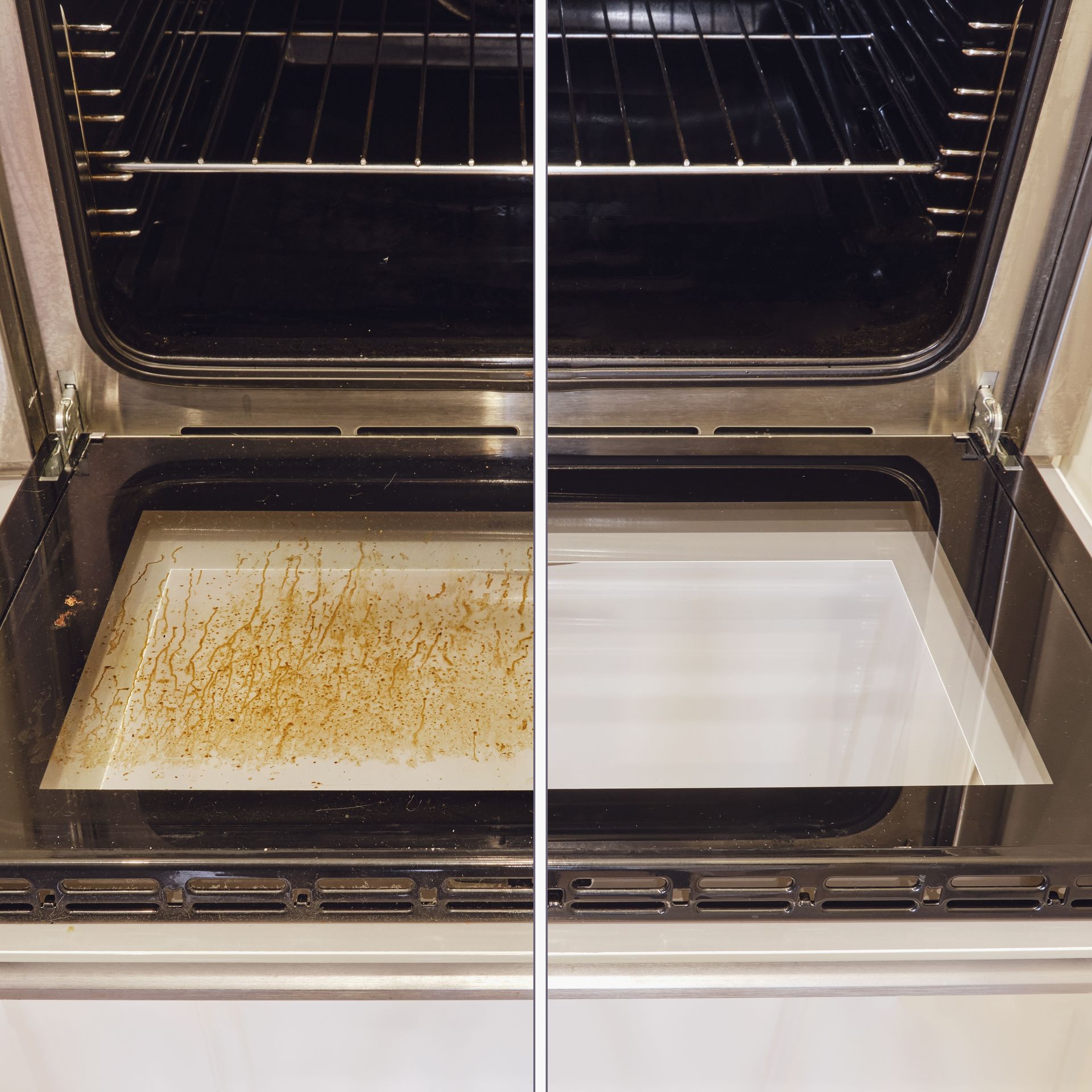 A before and after picture of a dirty oven and a clean oven.