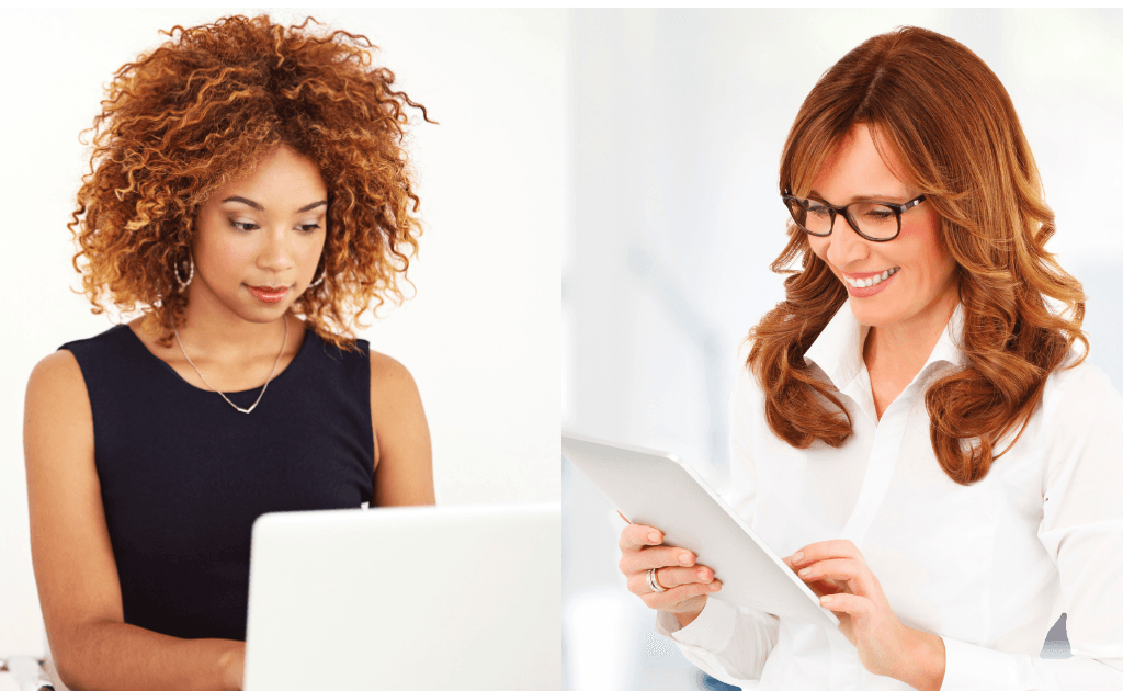 Two professionals working in a bright office; one typing on a laptop, the other using a tablet.