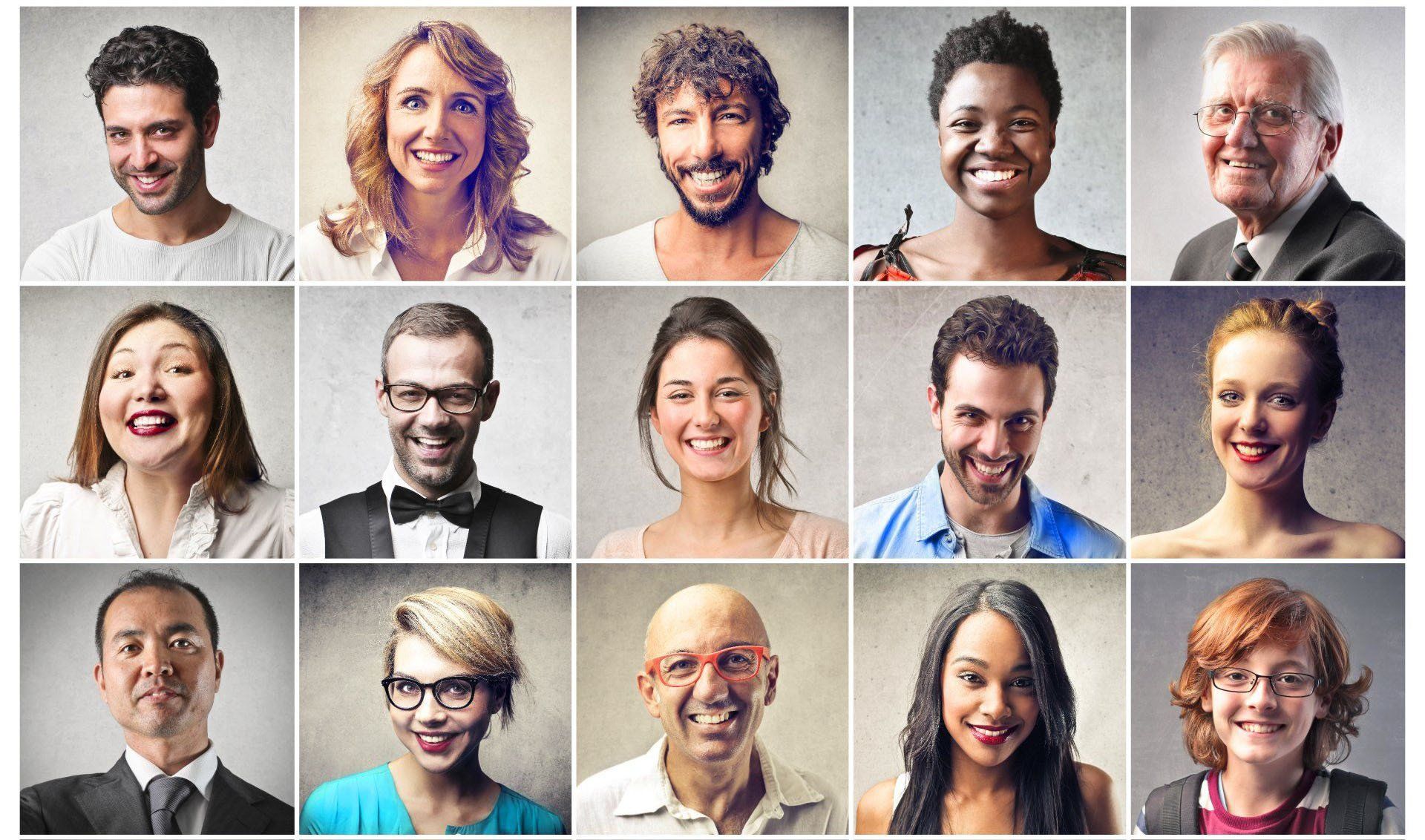 A grid of fifteen portraits of diverse individuals with neutral backgrounds, mostly smiling, captured from the chest up.