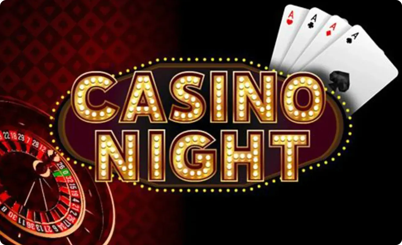Casino night poster with glowing marquee text, playing cards, a roulette wheel, and chips on a dark background
