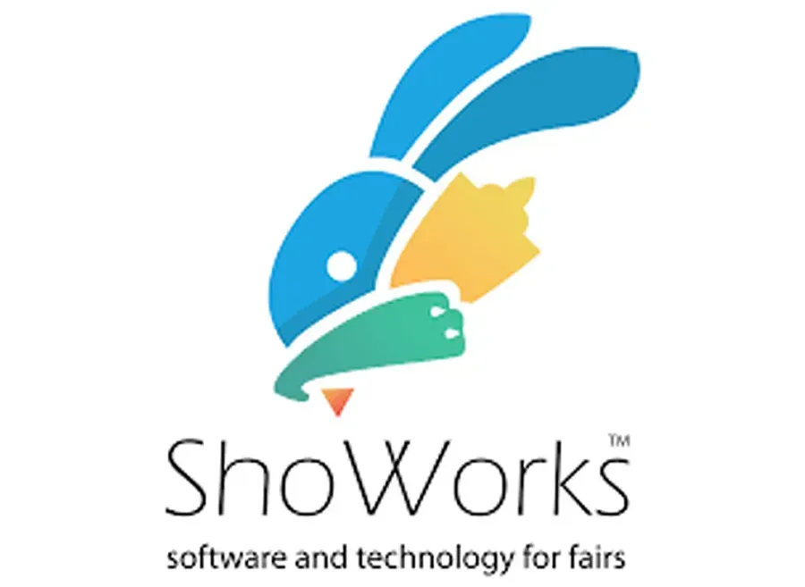 Showork logo with stylized blue, green, and yellow rabbit and the text “Showork” and “software and technology for fairs”