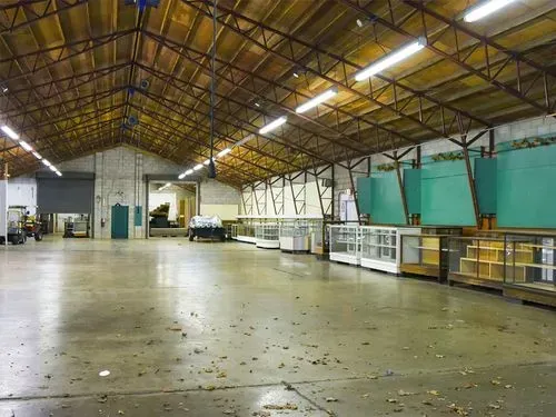 Empty indoor warehouse with a high wooden roof and concrete floor