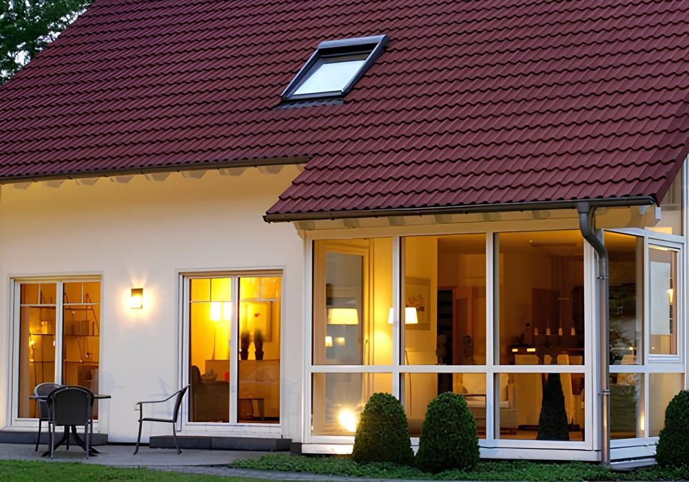 Esterno della casa con tetto rosso e veranda con pareti in vetro illuminata dall'interno; mobili da giardino sul prato.