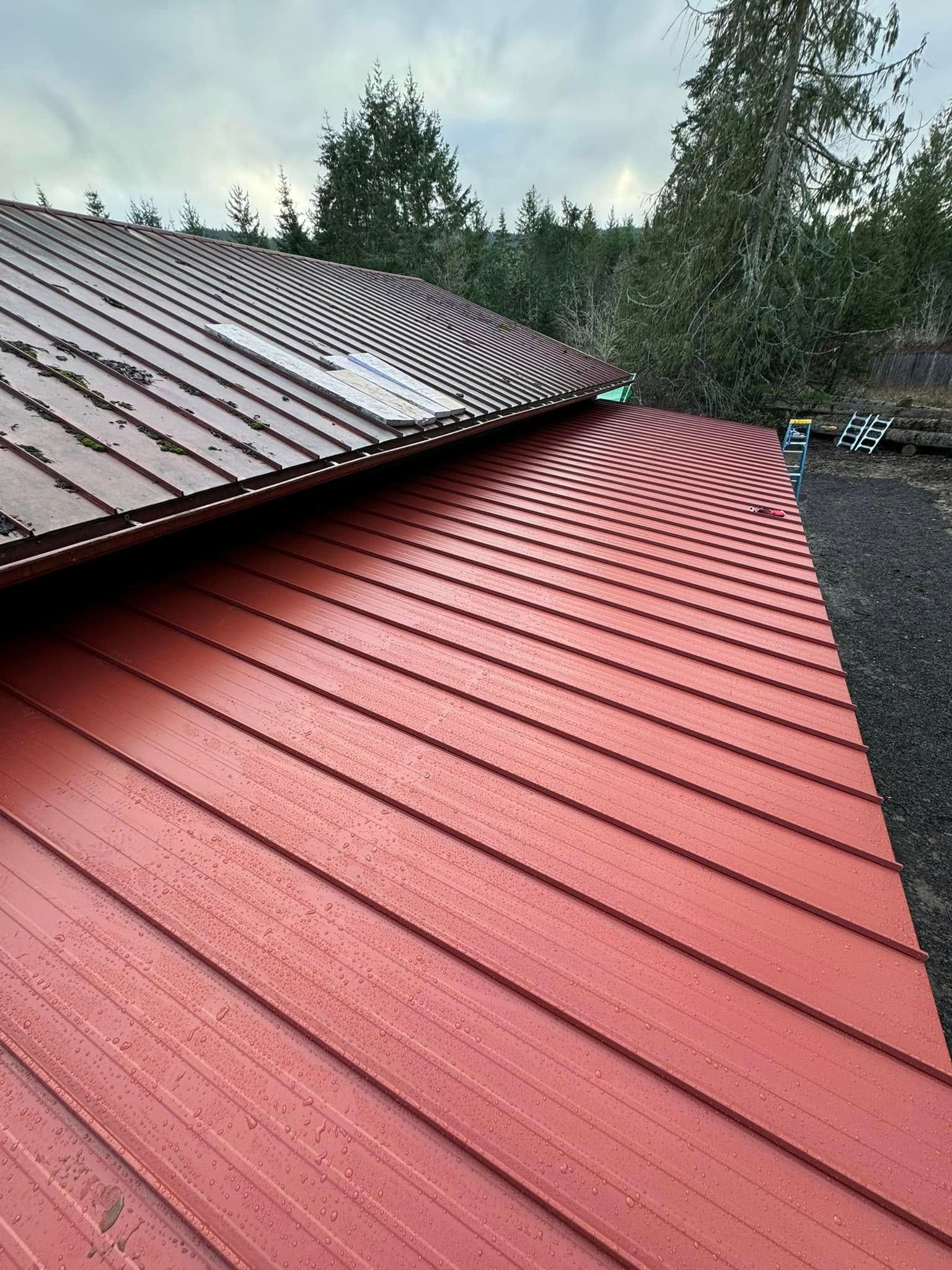 Red metal roof with curved detail, partially wet, against a backdrop of trees and a cloudy sky.