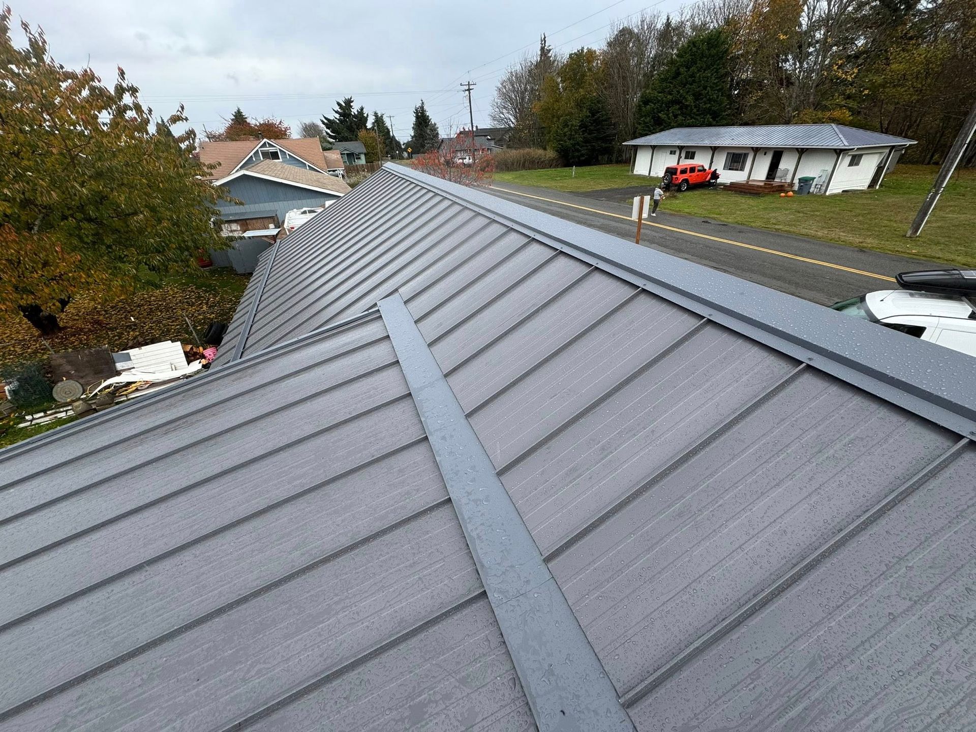 Gray metal roof on a residential building, with trees and other houses in the background. Overcast sky.