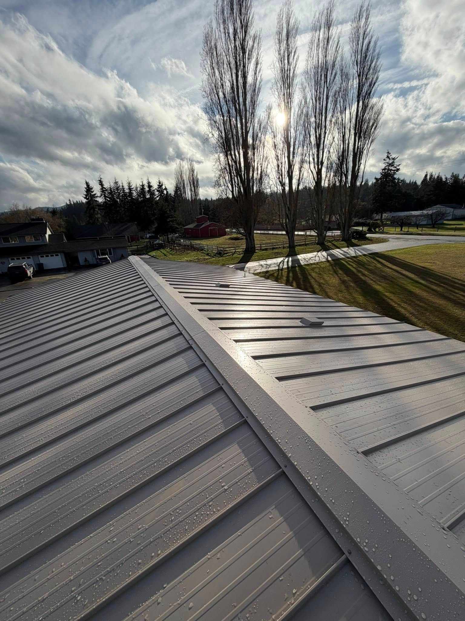Silver metal roof with sunlight, trees, and cloudy sky.