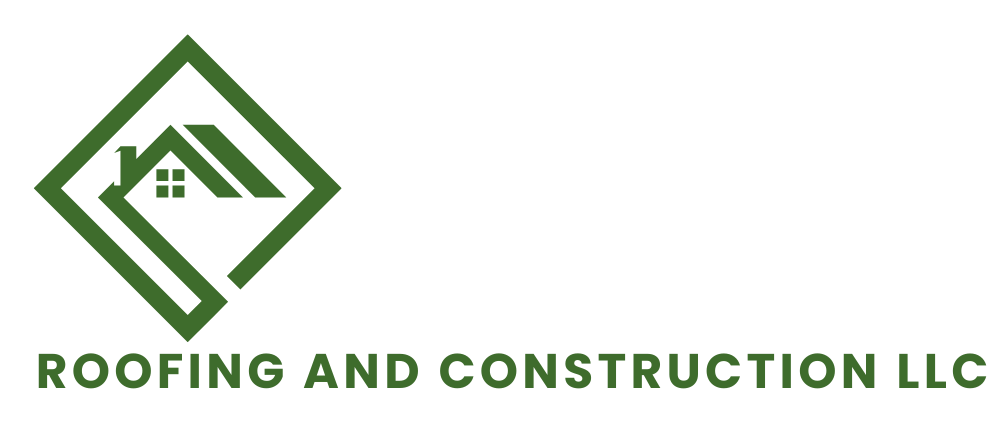 Logo of a house within a green square, with "Roofing and Construction LLC" in green below.