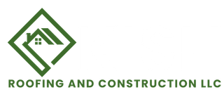 Logo of a house within a green square, with "Roofing and Construction LLC" in green below.