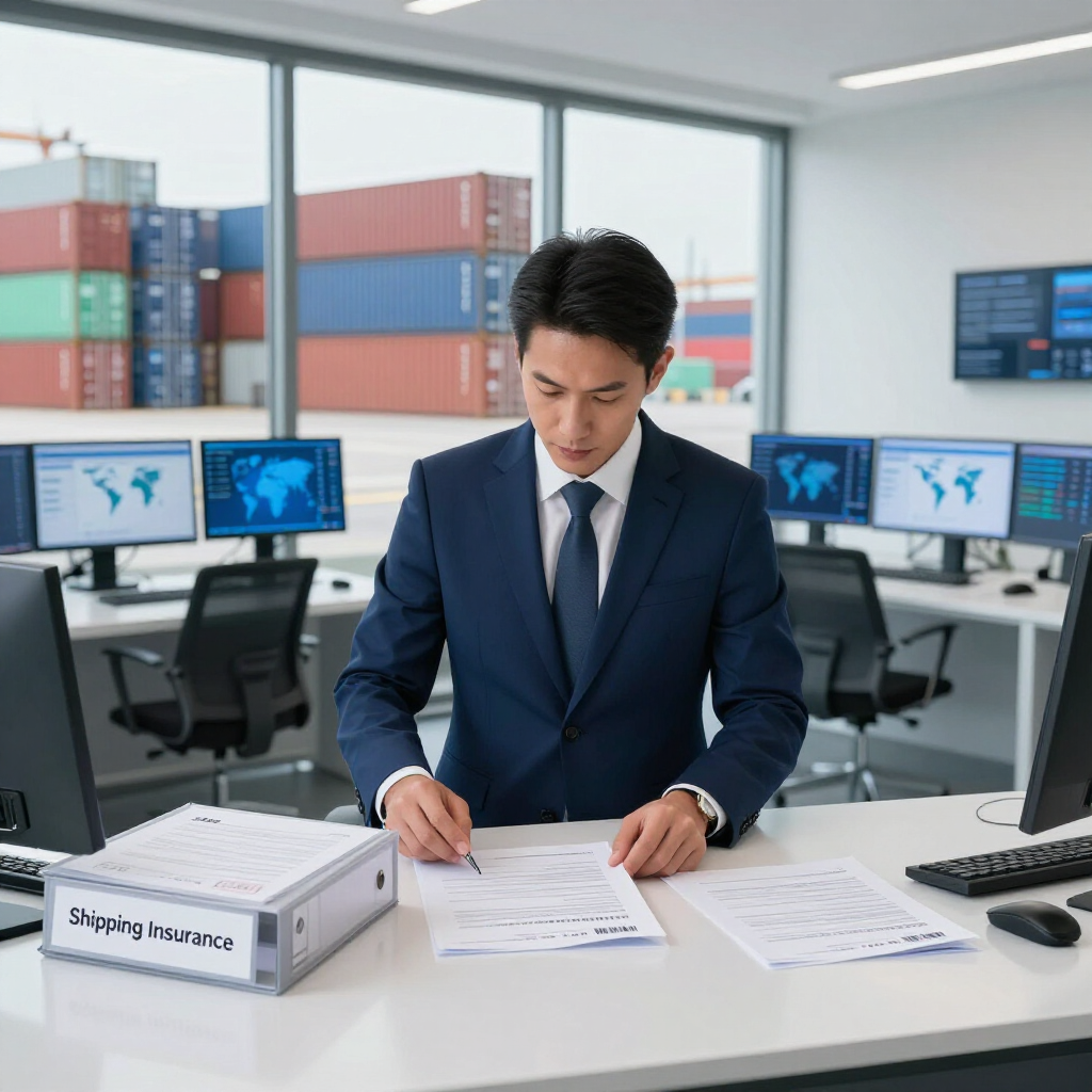 Empresario revisando documentos en un escritorio en una oficina moderna con mamparas de envío y contenedores en el exterior.