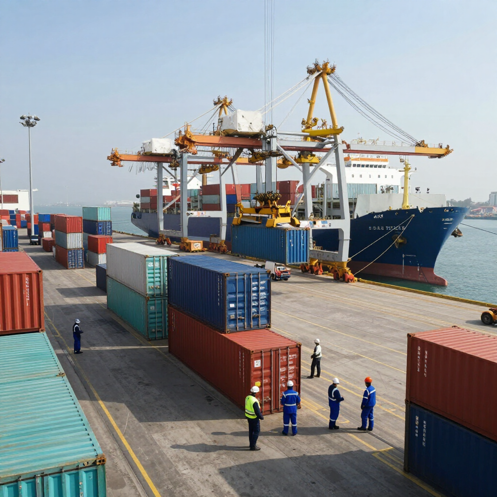 Puerto de contenedores con grúas, contenedores apilados, un buque de carga y trabajadores portuarios en el muelle.