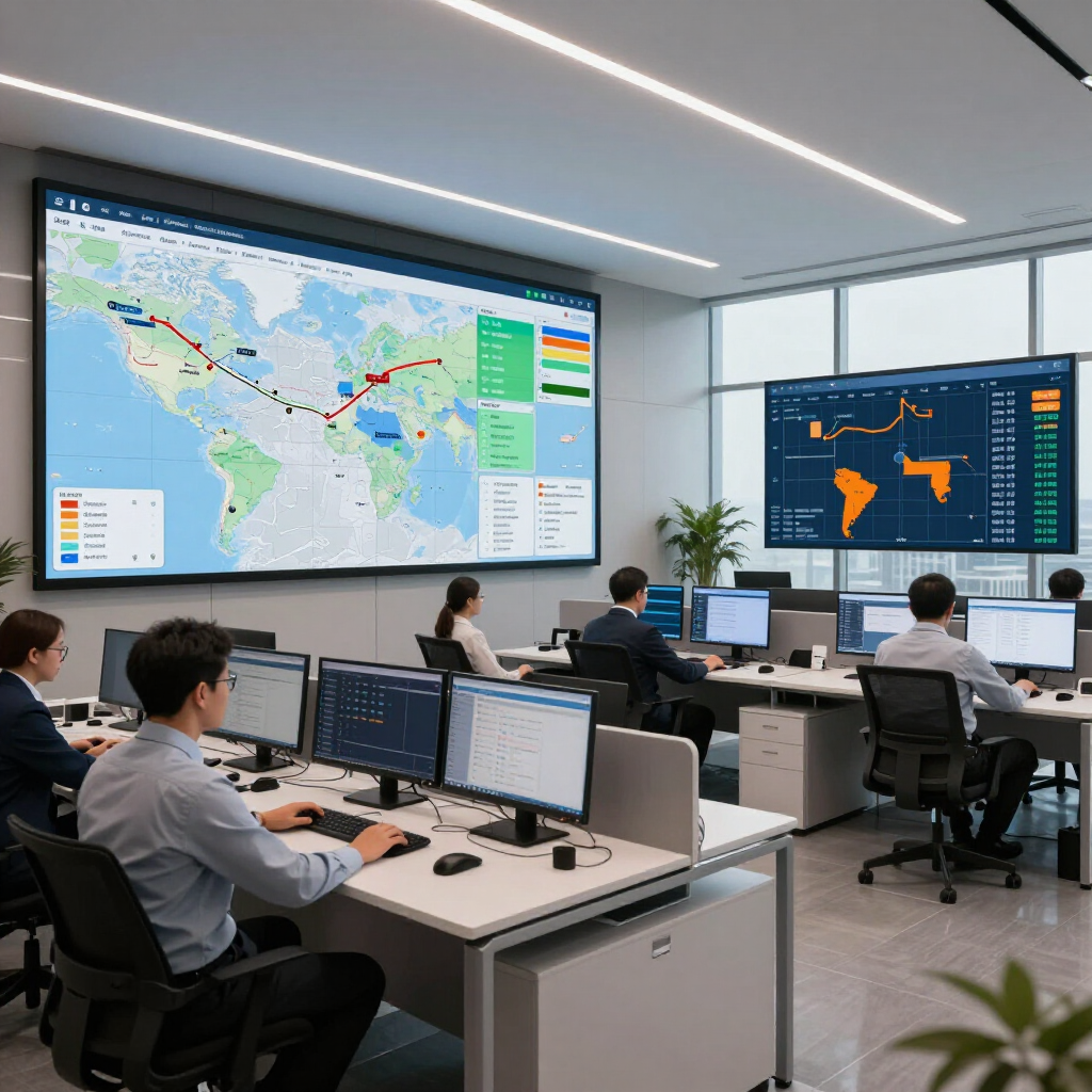 Sala de operaciones moderna con personal trabajando en ordenadores y grandes pantallas de monitorización global.