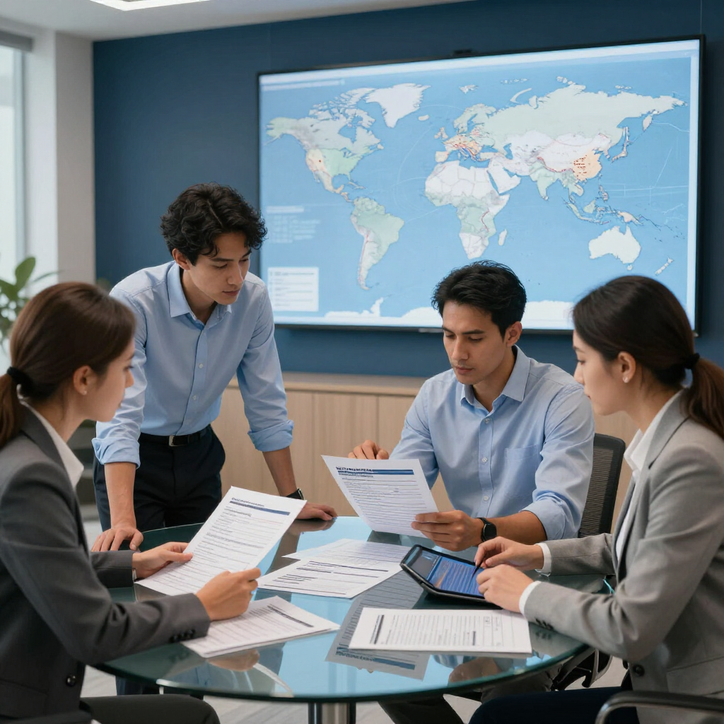 Un equipo de negocios revisa documentos alrededor de una mesa de conferencias con un mapa del mundo en la pared.