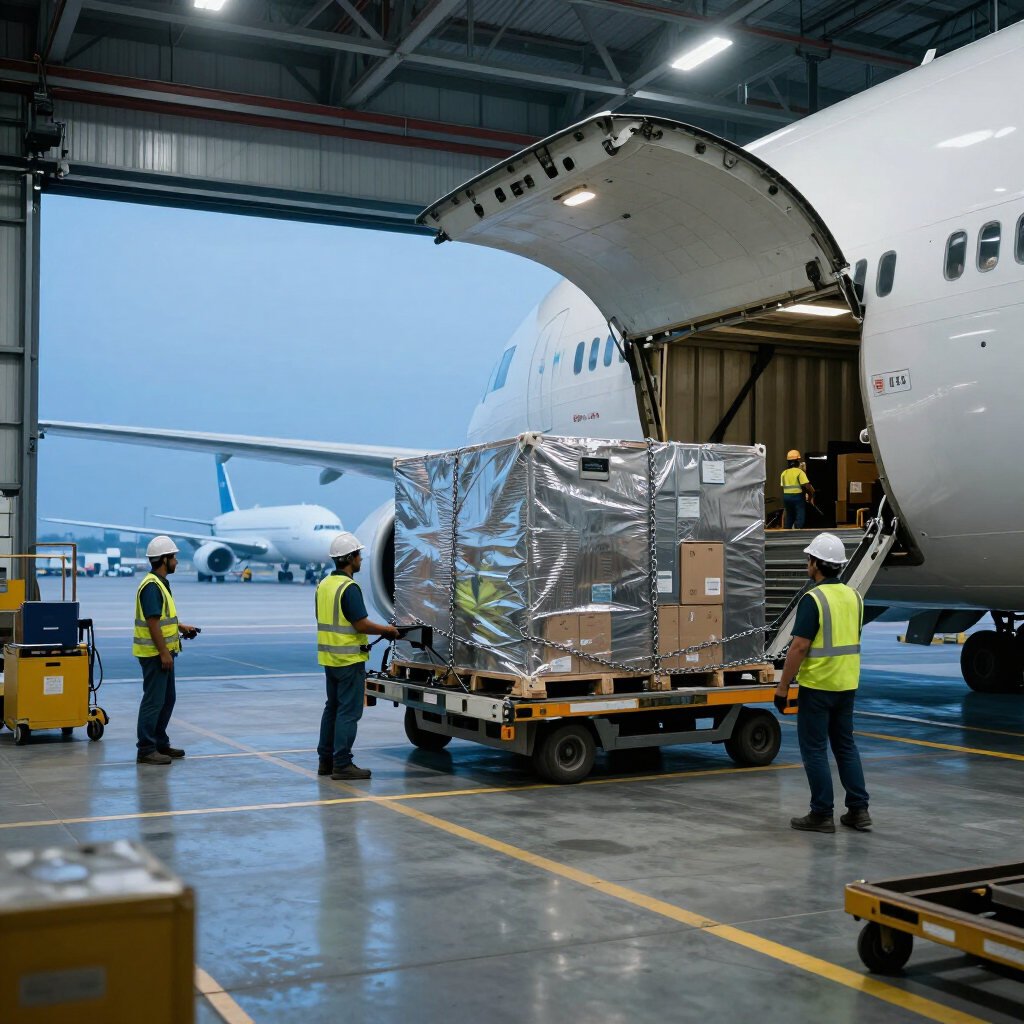 Trabajadores cargando un palé de mercancía en un avión de carga blanco en un hangar del aeropuerto.