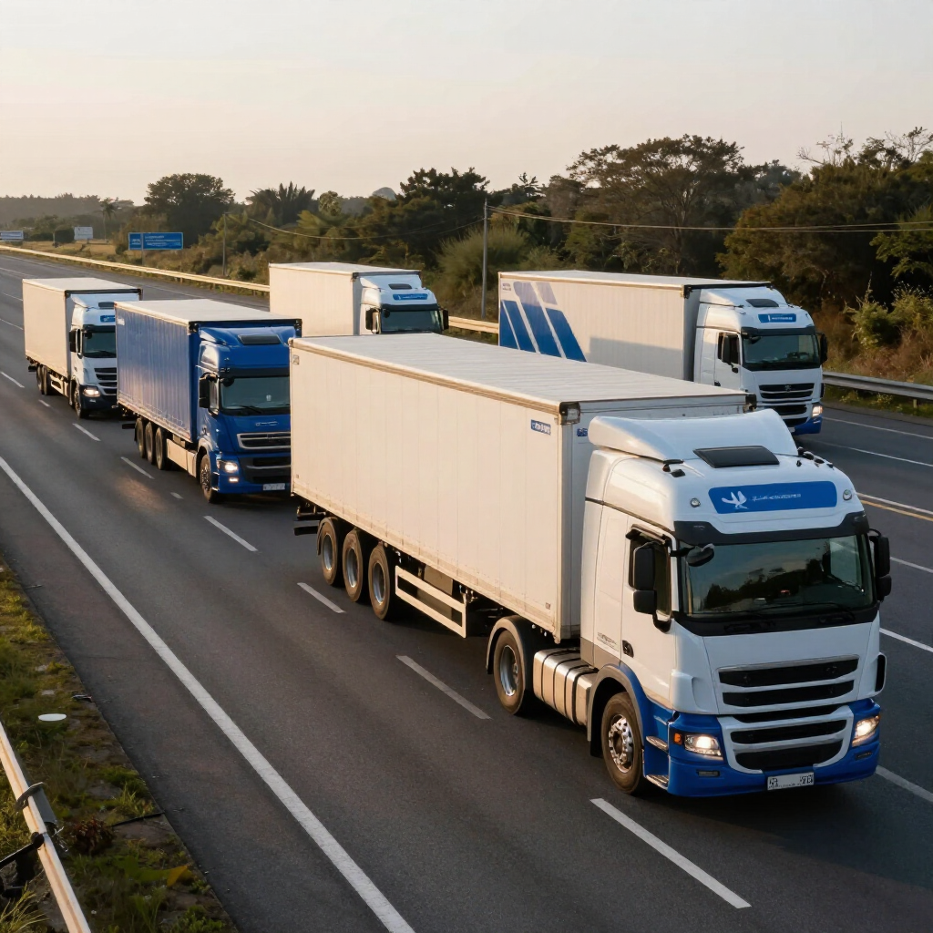 Varios camiones semirremolques circulando por una autopista durante el día.