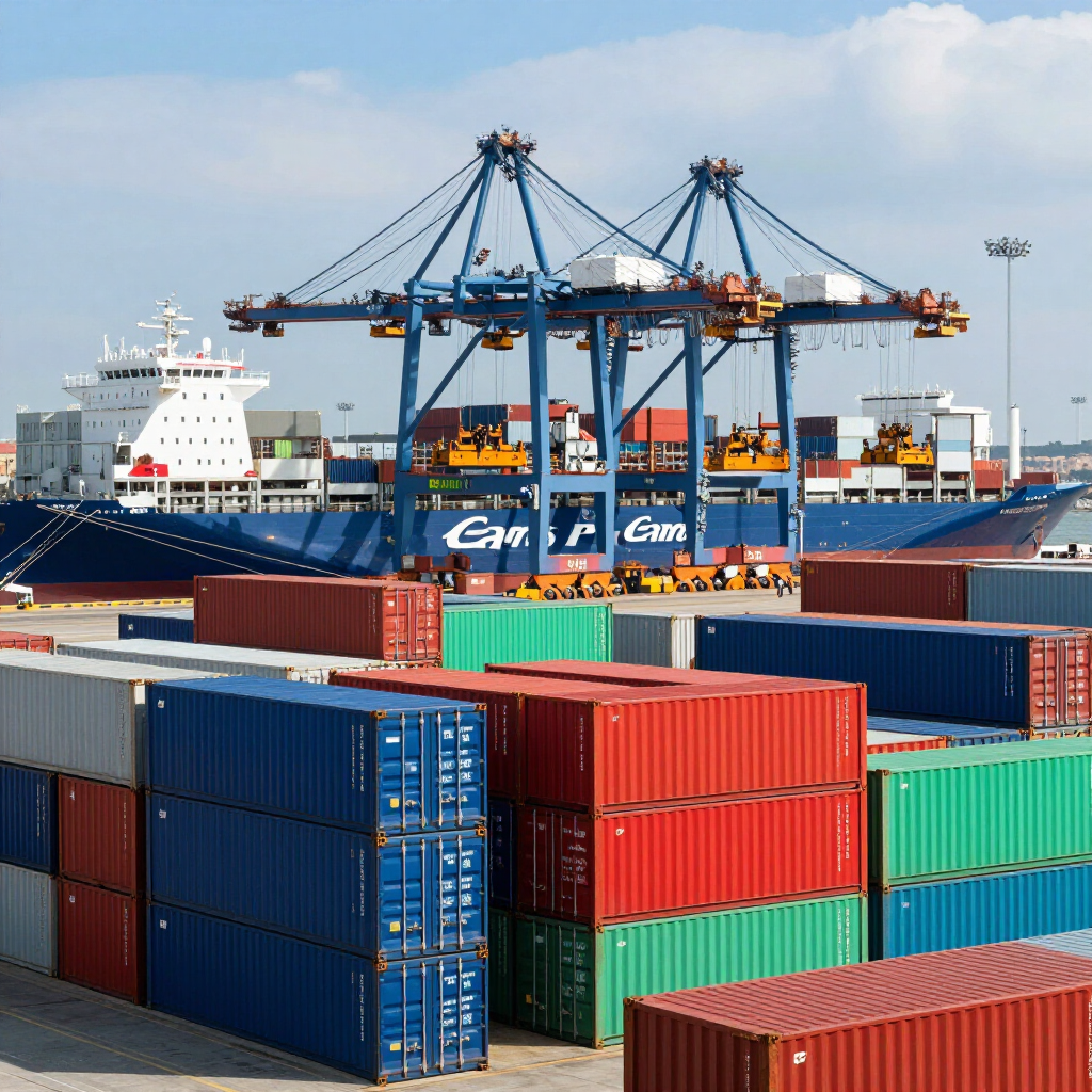 Contenedores de carga apilados en un puerto con grúas azules y un barco al fondo.