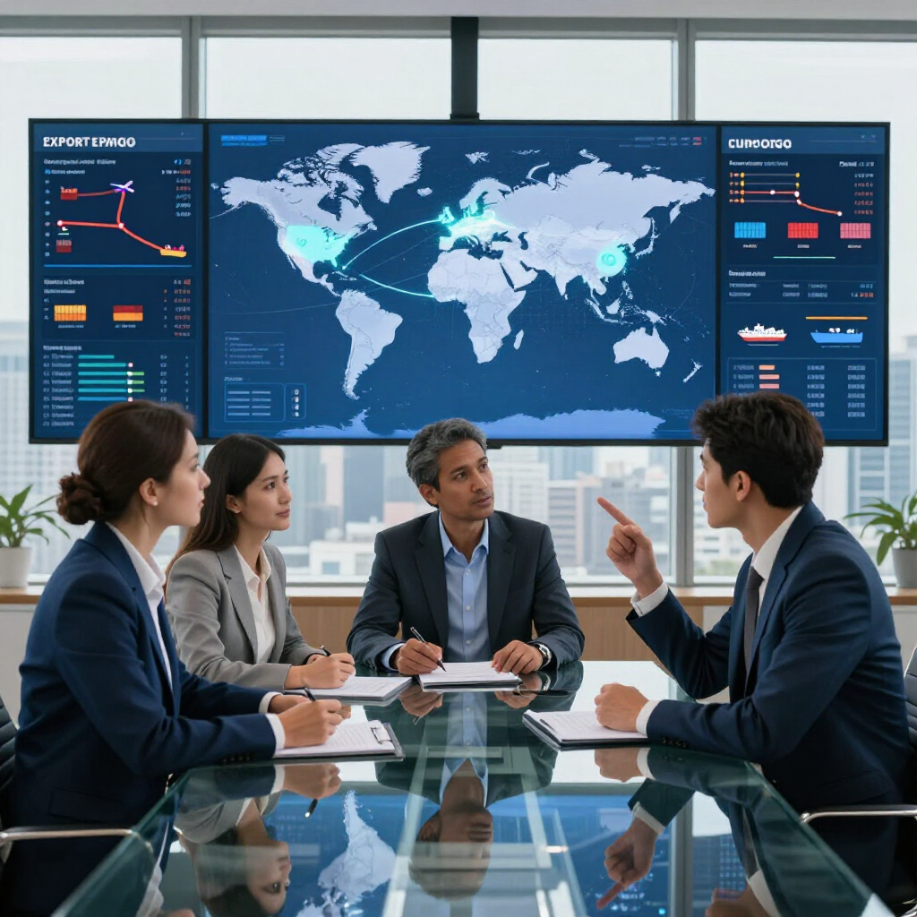 Un equipo de negocios se reúne en una sala de conferencias para analizar datos mostrados en un gran mapa del mundo.