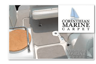 Boat interior with gray marine carpet and Corithian Marine Carpet logo