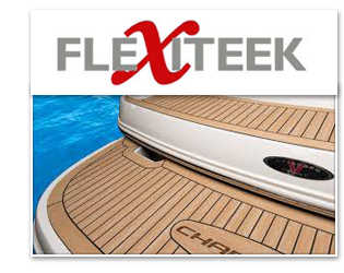 FLEXTEEK logo above a teak-style boat deck beside blue water