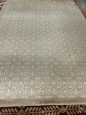 Patterned beige rug with a geometric border on a carpeted floor