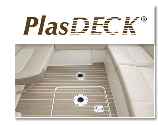 PlasDECK logo over a yacht cockpit with tan seating and a striped deck floor