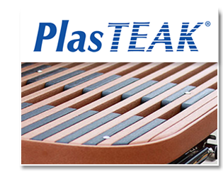 PlasTEAK logo above a slatted brown-and-gray outdoor bench or bed frame