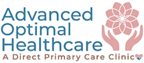 Logo for Advanced Optimal Healthcare: text and hands holding a flower.