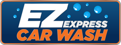 EZ Express Car Wash logo on a blue background with white text and water bubbles