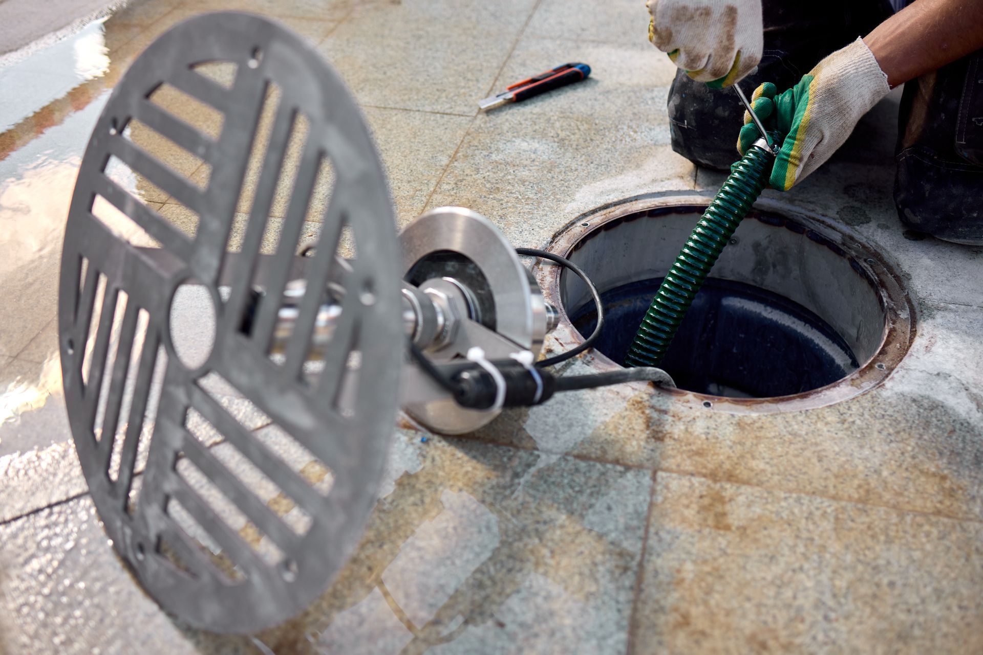 A man cleans a drain using a hose, directing water into the opening to remove debris and dirt.