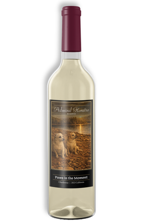 Bottle of white wine with a burgundy cap and a sunset vineyard label on a white background