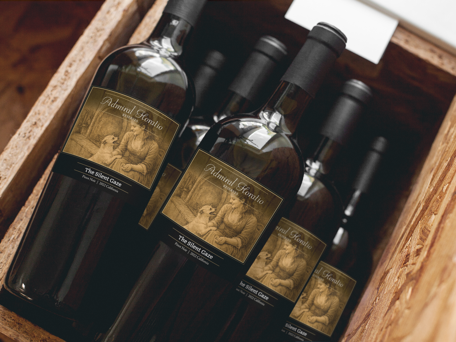 Wine bottles in a wooden crate, labeled with gold tags and arranged on a dark background.