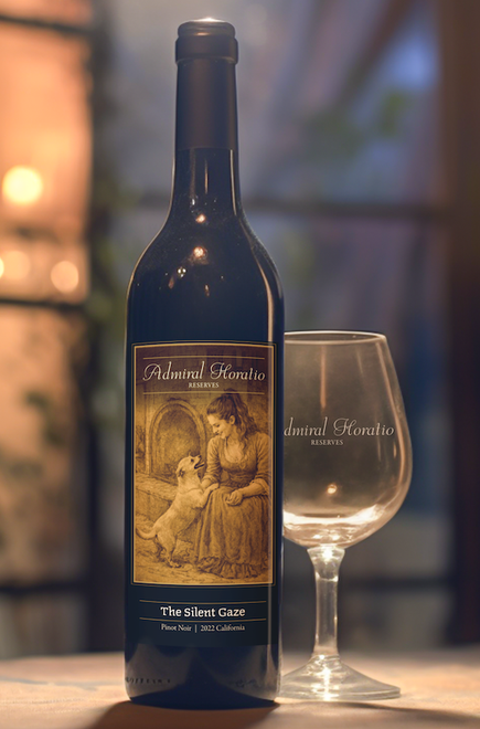 Wine bottle and glass on a table, with a sepia-toned vineyard label and soft blurred lights in the background