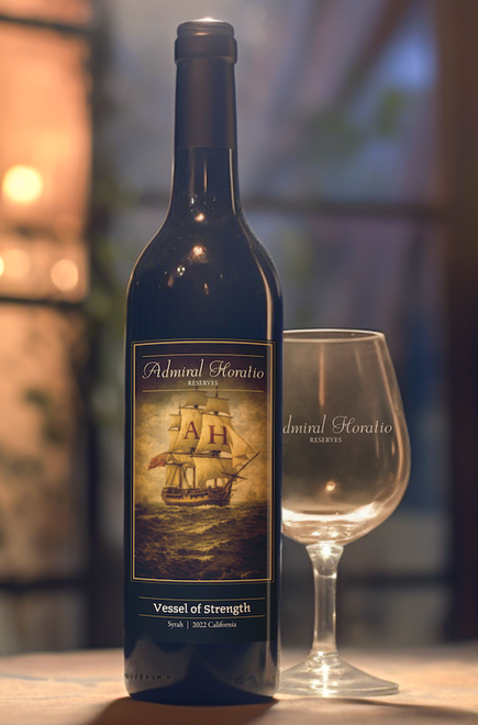 Wine bottle and glass on a table, softly lit against a blurred warm background.