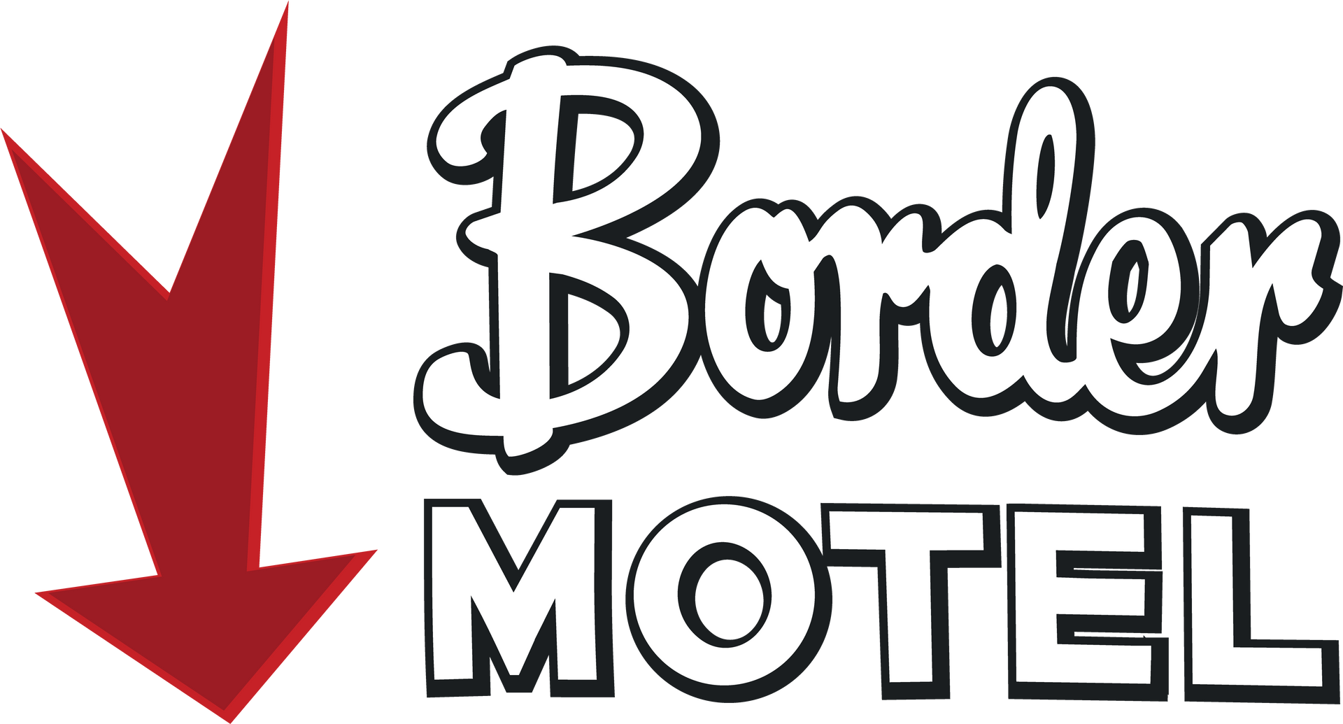 Border Motel sign with red downward arrow and black lettering
