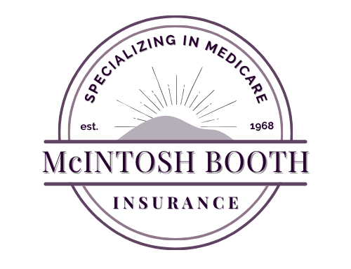 McIntosh Booth Insurance logo with circular seal and &ldquo;Specializing in Medicare&rdquo; text in maroon and black