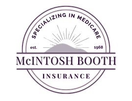 McIntosh Booth Insurance logo with circular seal and &ldquo;Specializing in Medicare&rdquo; text in maroon and black