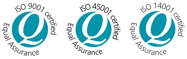 Three logos for iso 9001 , iso 45001 , and iso 14001