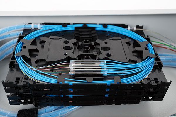 A box with a bunch of blue wires in it