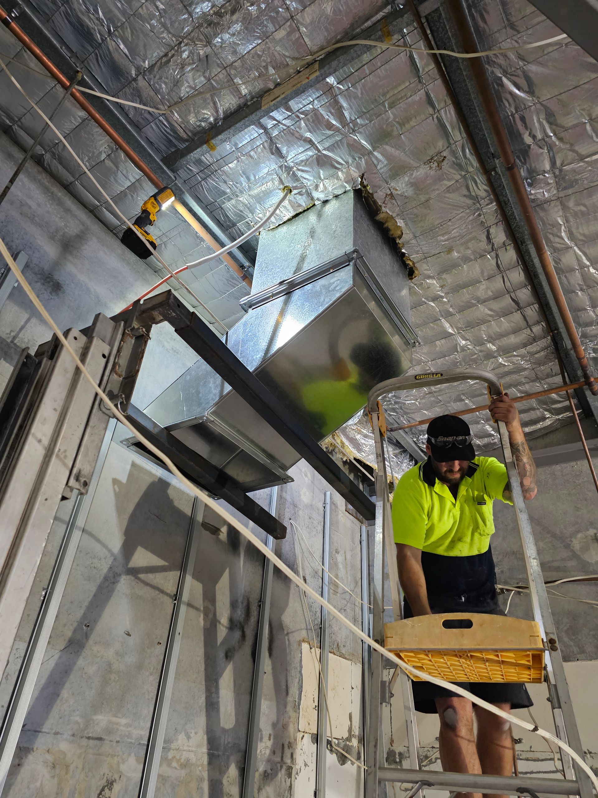 A man is standing on a ladder in a building holding a box.