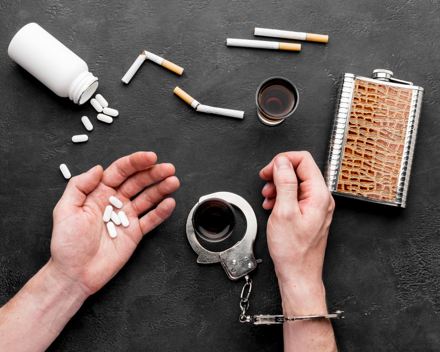 Hands holding pills, handcuffed to a shot glass. Cigarettes, flask, and pill bottle on black surface.