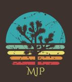 Silhouette of Joshua tree against a retro sunset with MJP initials.