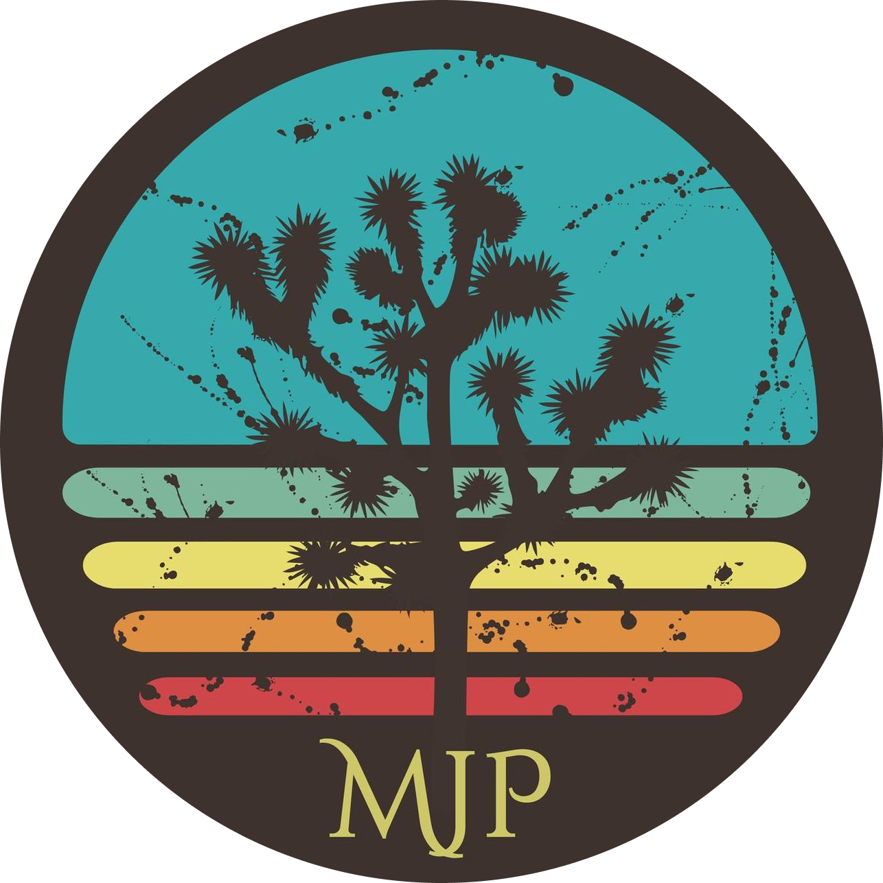 Circular desert sunset design with Joshua tree silhouette;