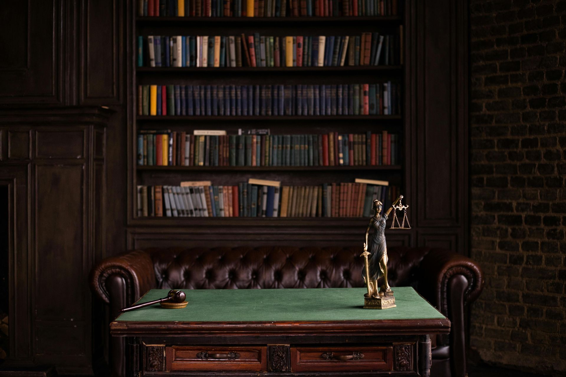 Dark wood-paneled office with a desk, books, a statue of justice, and a gavel.